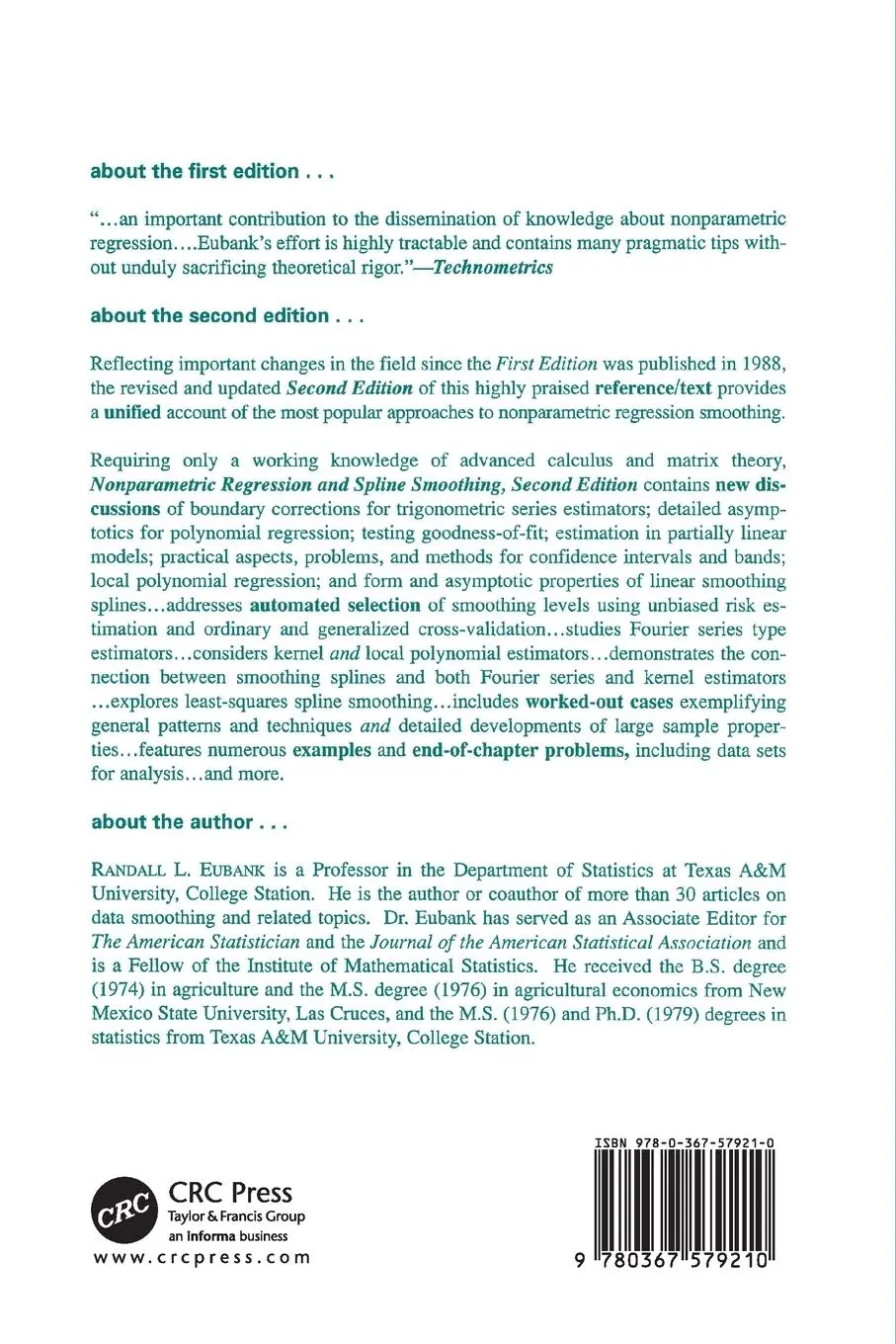 Rückseite: 9780367579210 | Nonparametric Regression and Spline Smoothing | Randall L. Eubank