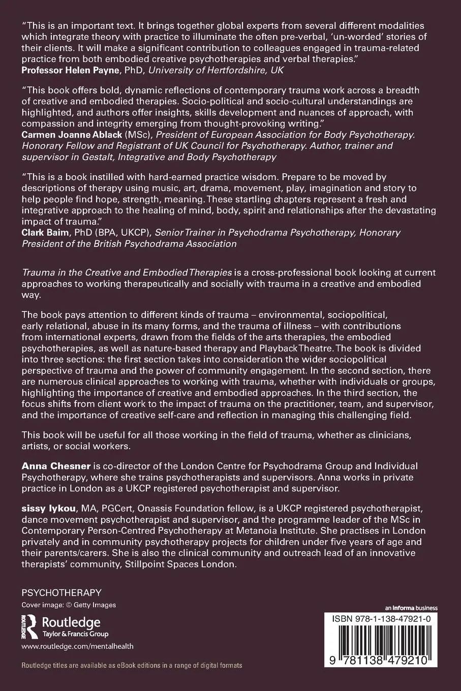 Rückseite: 9781138479210 | Trauma in the Creative and Embodied Therapies | Anna Chesner (u. a.)