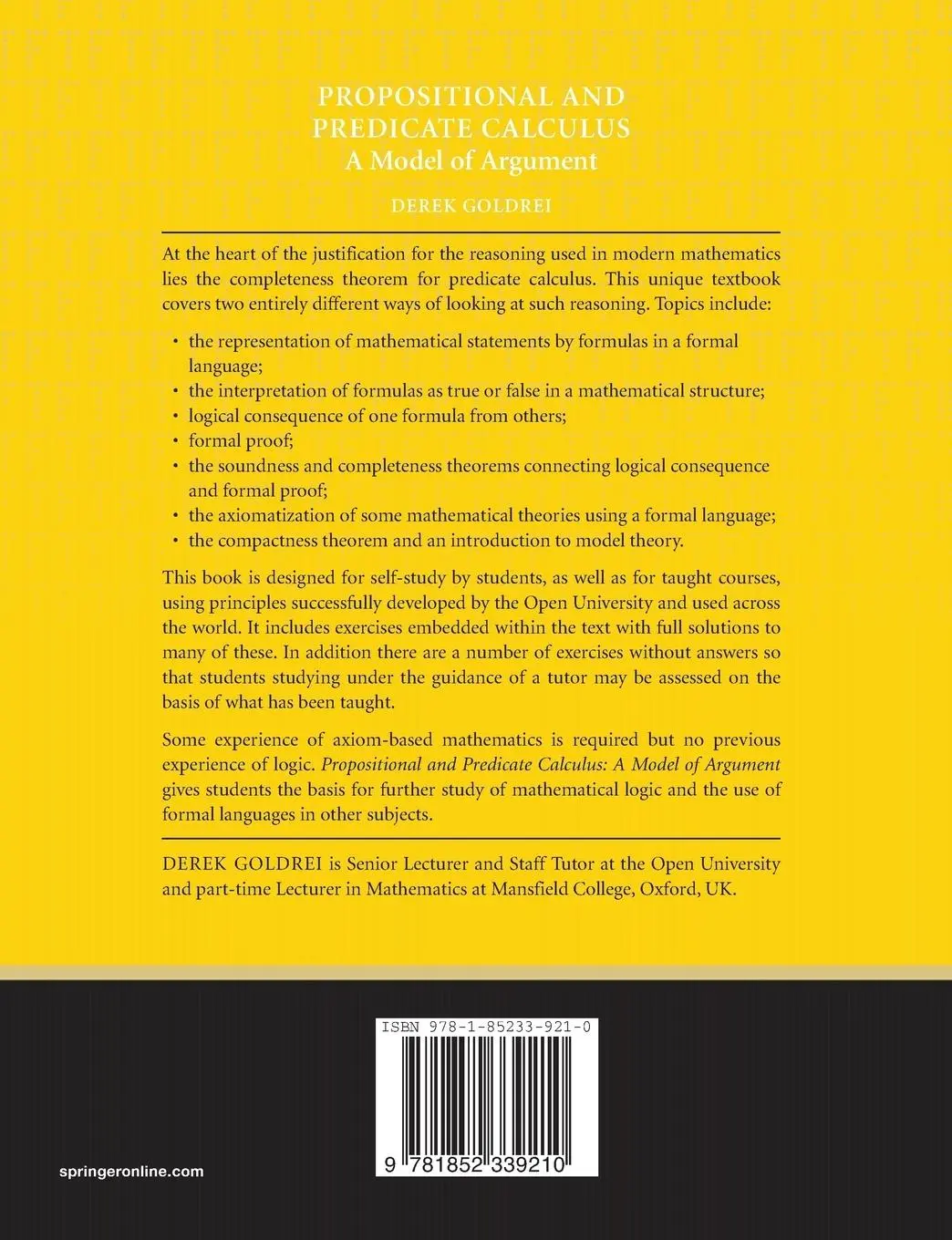 Rückseite: 9781852339210 | Propositional and Predicate Calculus: A Model of Argument | Goldrei