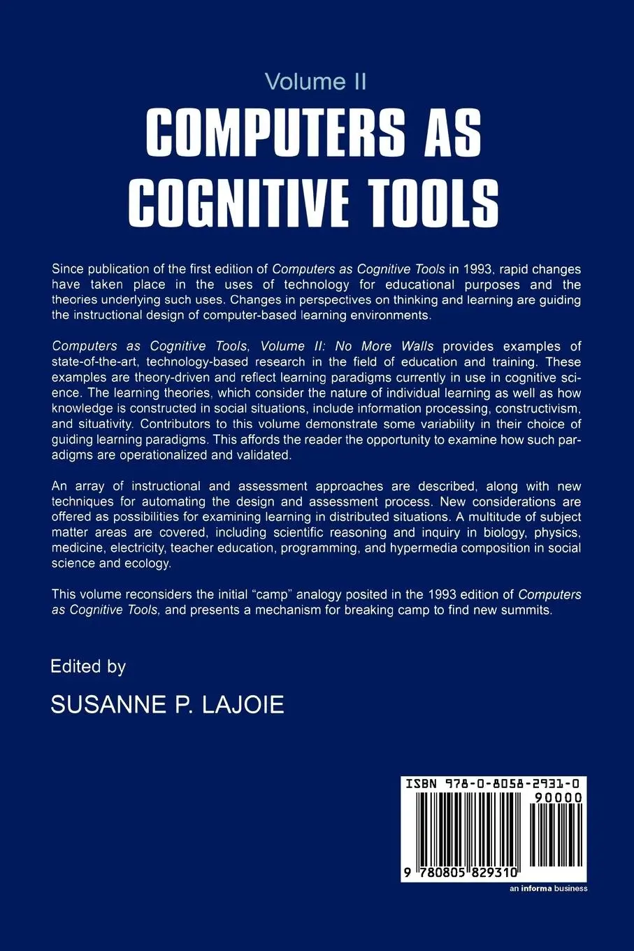 Rückseite: 9780805829310 | Computers As Cognitive Tools | Volume II No More Walls | Lajoie | Buch