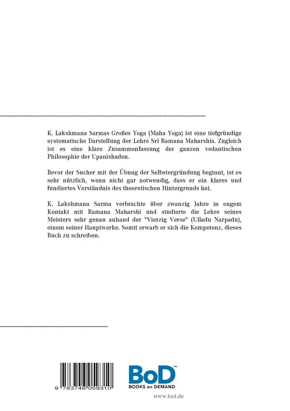 Rückseite: 9783746059310 | Das Große Yoga (Maha Yoga) | K. Lakshmana Sarma | Taschenbuch | 240 S.