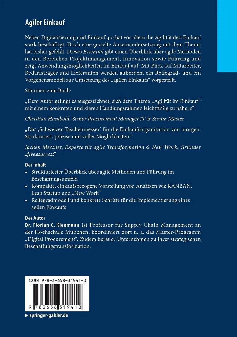 Rückseite: 9783658319410 | Agiler Einkauf | Florian C. Kleemann | Taschenbuch | essentials | xi