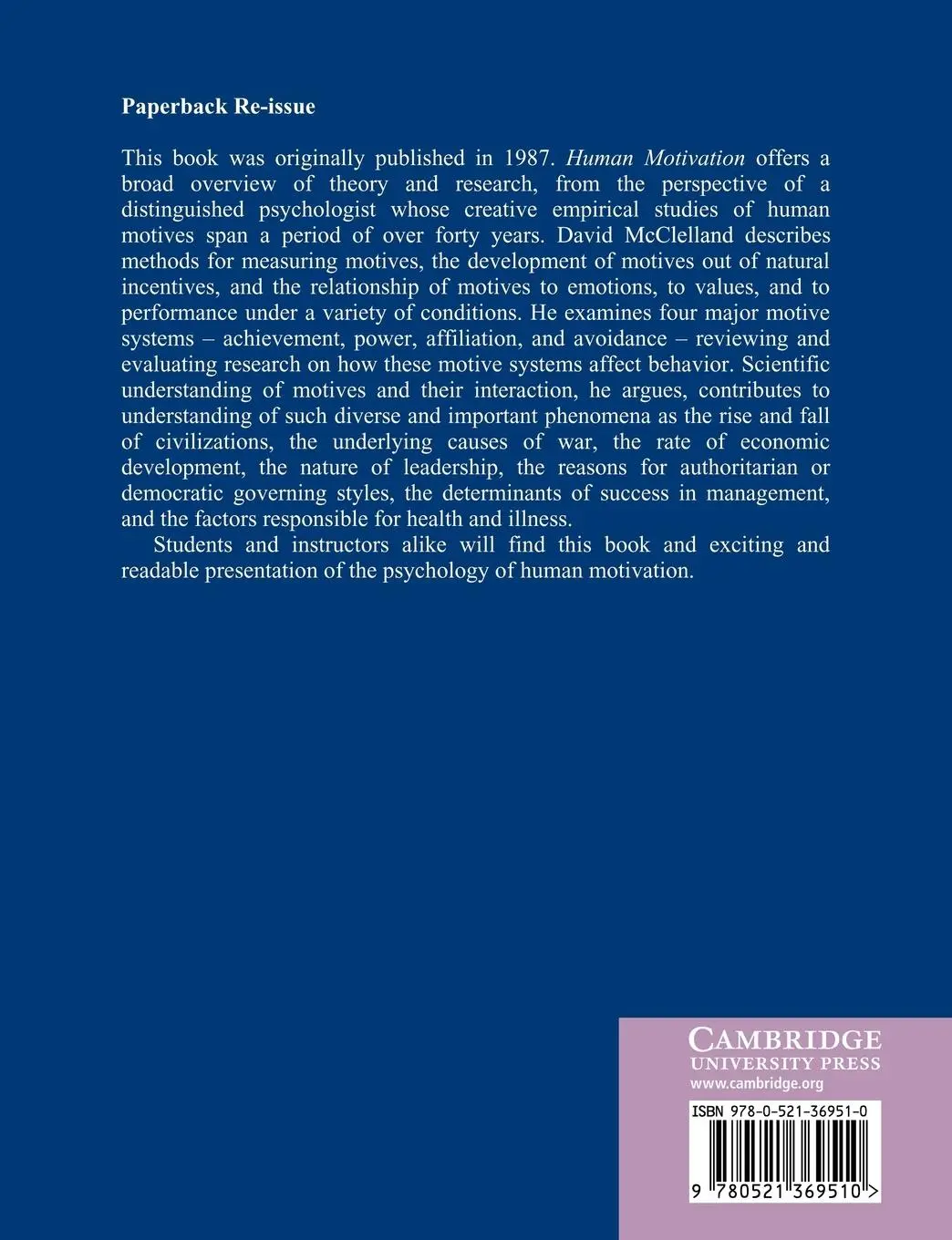 Rückseite: 9780521369510 | Human Motivation | David C. McCelland (u. a.) | Taschenbuch | Englisch