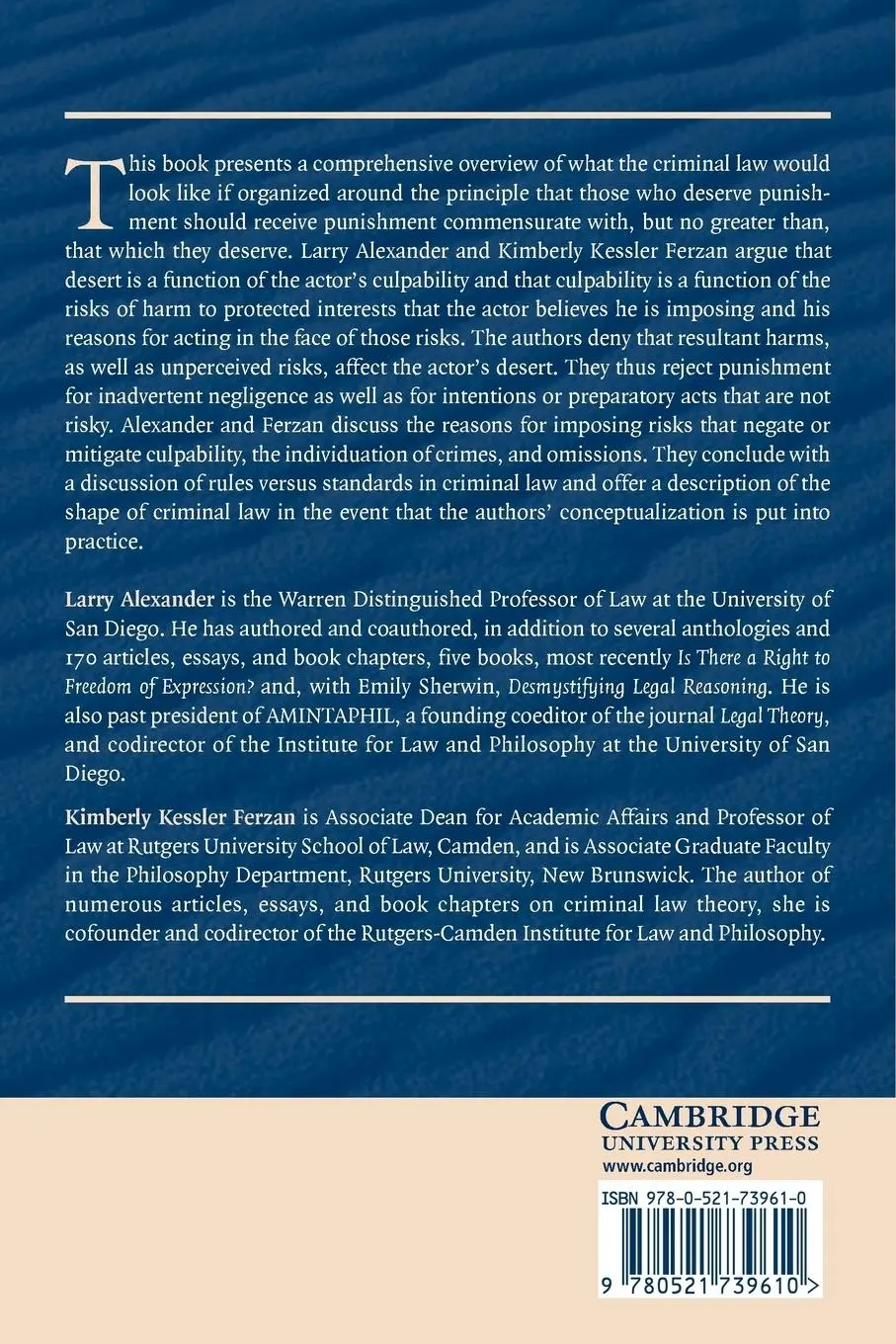 Rückseite: 9780521739610 | Crime and Culpability | A Theory of Criminal Law | Alexander (u. a.)