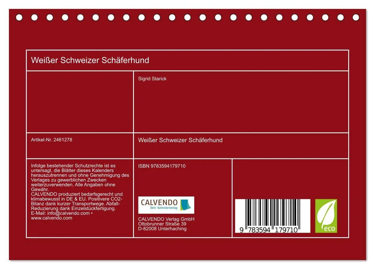 Bild: 9783594179710 | Weißer Schweizer Schäferhund (Tischkalender 2027 DIN A5 quer),...