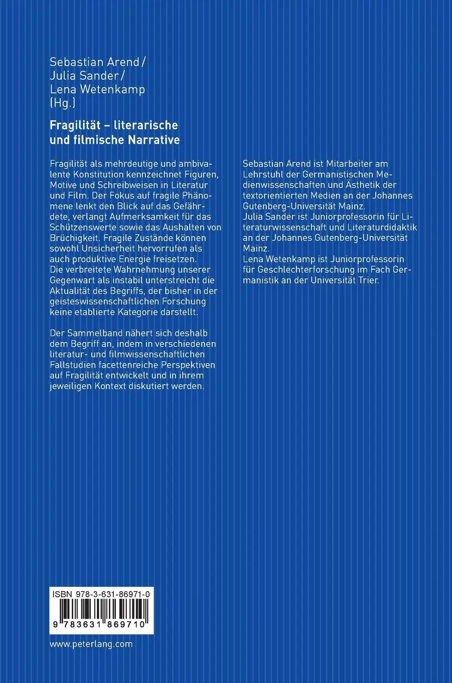 Rückseite: 9783631869710 | Fragilität - literarische und filmische Narrative | Arend (u. a.)