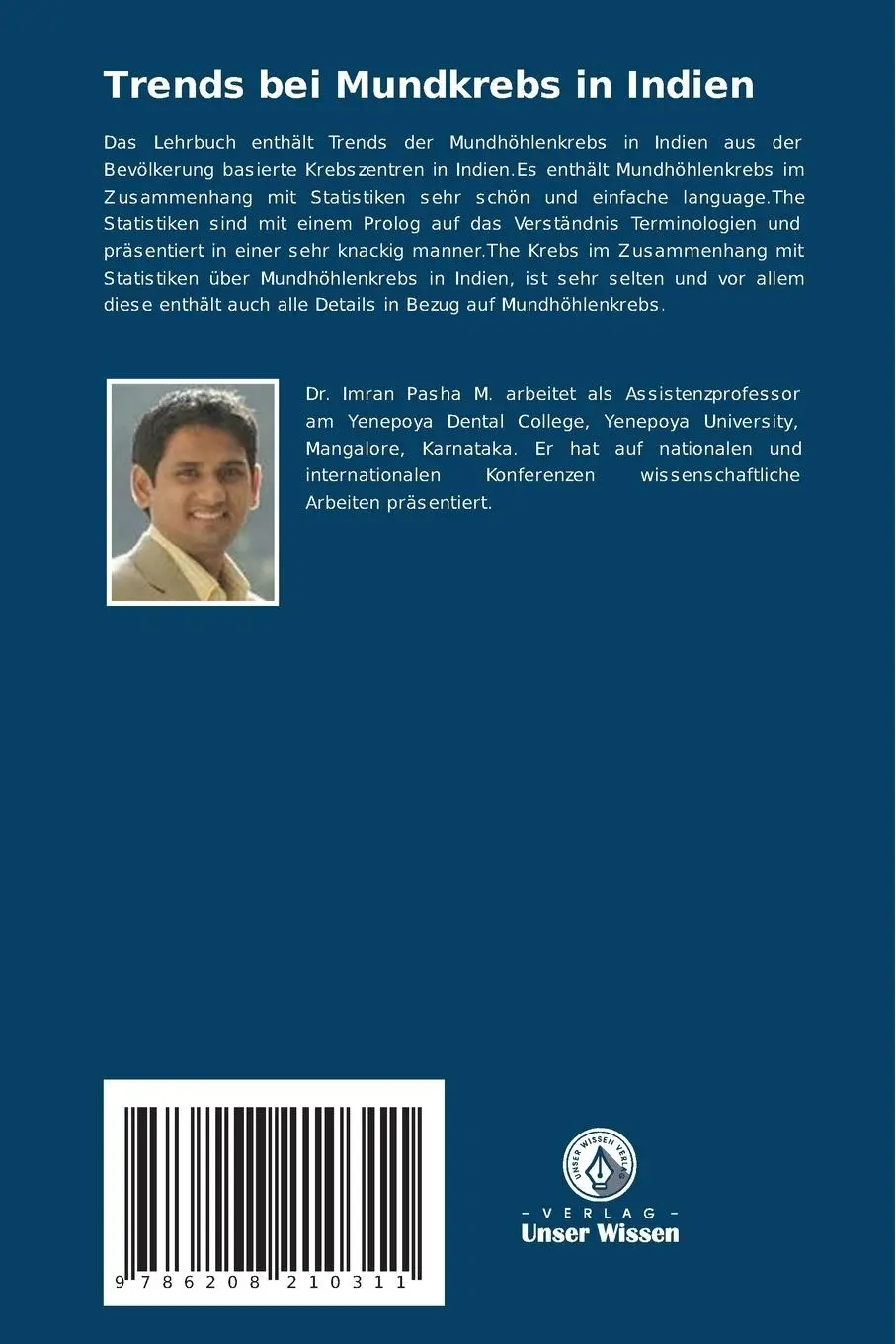 Rückseite: 9786208210311 | Trends bei Mundkrebs in Indien | Imran Pasha Mohammed (u. a.) | Buch