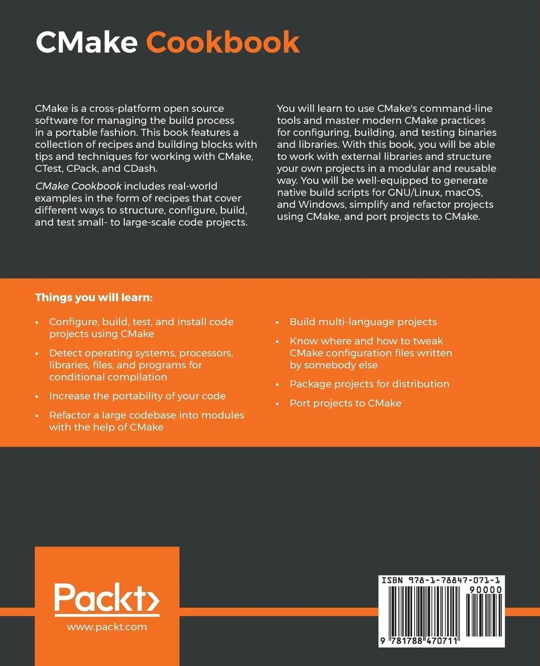 Rückseite: 9781788470711 | CMake Cookbook | Radovan Bast (u. a.) | Taschenbuch | Englisch | 2018