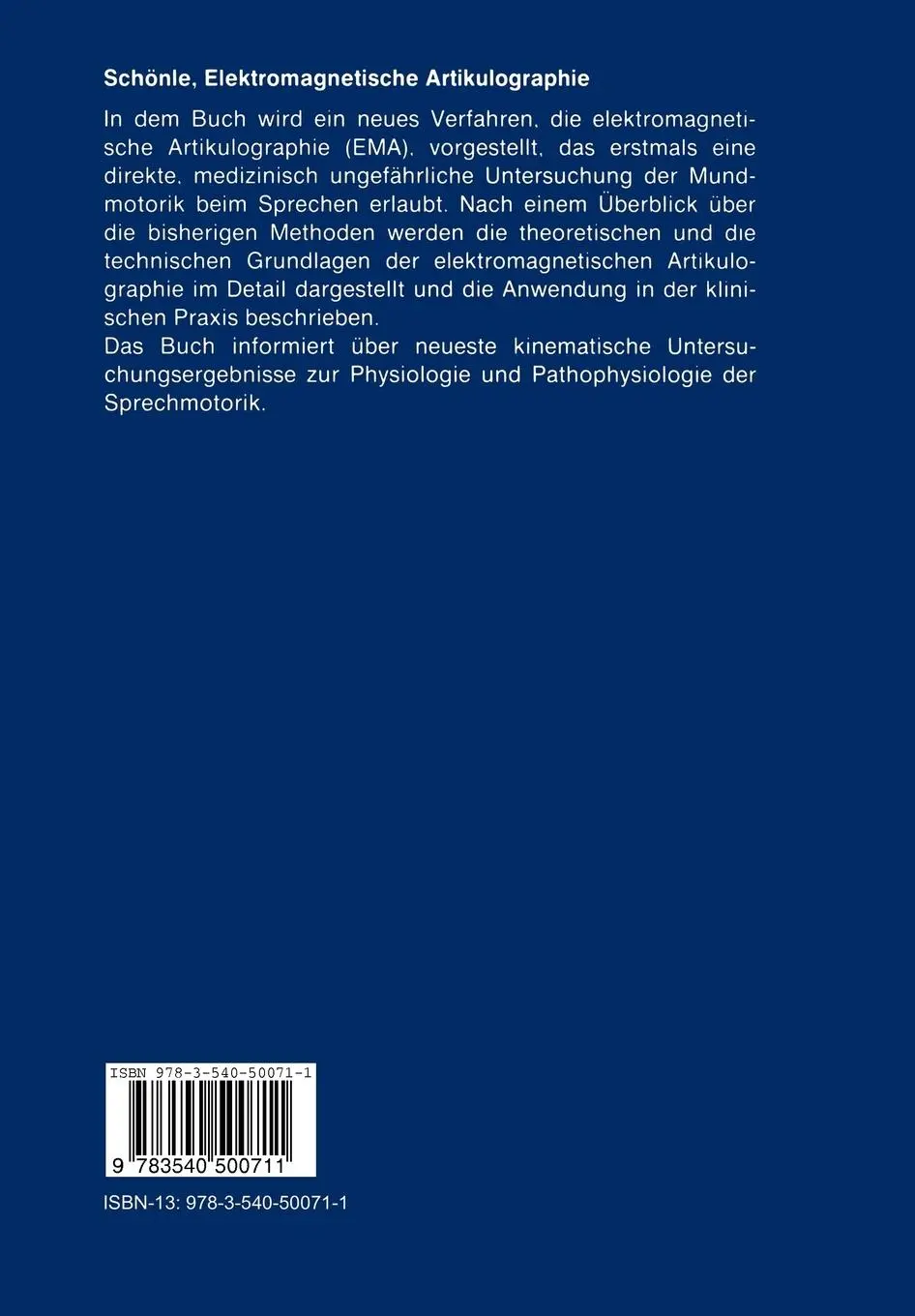 Rückseite: 9783540500711 | Elektromagnetische Artikulographie | Paul-Walter Schönle | Taschenbuch