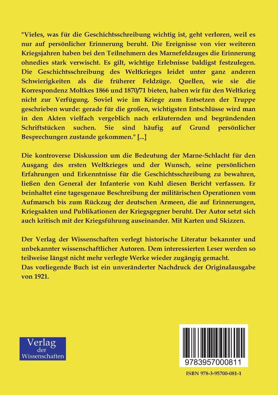 Rückseite: 9783957000811 | Der Marne-Feldzug 1914 | Hermann Joseph Von Kuhl | Taschenbuch | 2019
