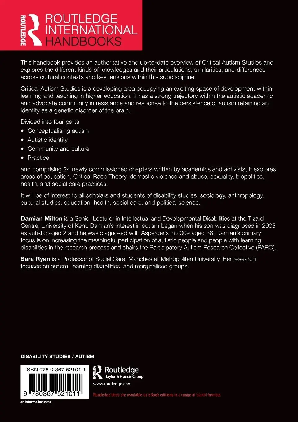 Rückseite: 9780367521011 | The Routledge International Handbook of Critical Autism Studies | Buch