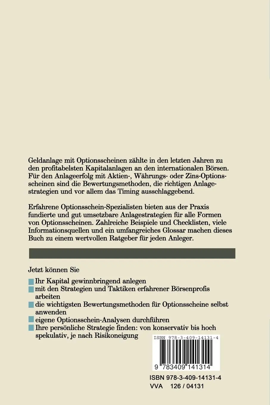 Rückseite: 9783409241311 | Geldanlage mit Optionsscheinen | Michael Demuth | Taschenbuch | 257 S.