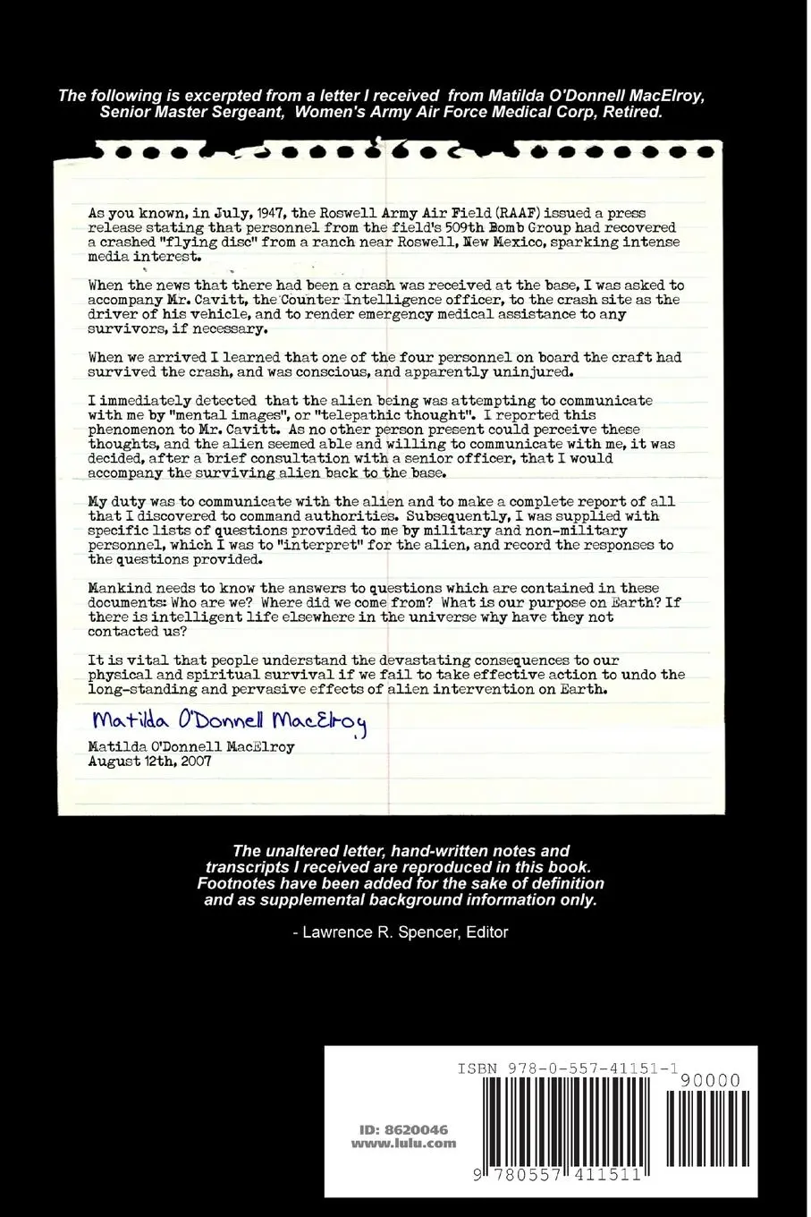 Rückseite: 9780557411511 | Alien Interview - Readers Edition | Lawrence R. Spencer | Taschenbuch