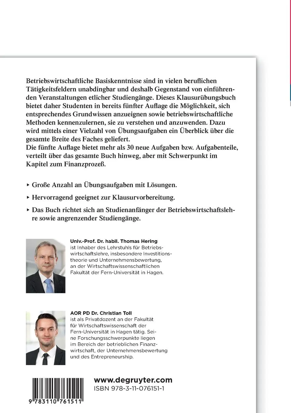 Rückseite: 9783110761511 | BWL-Klausuren | Aufgaben und Lösungen für Studienanfänger | Buch | XII