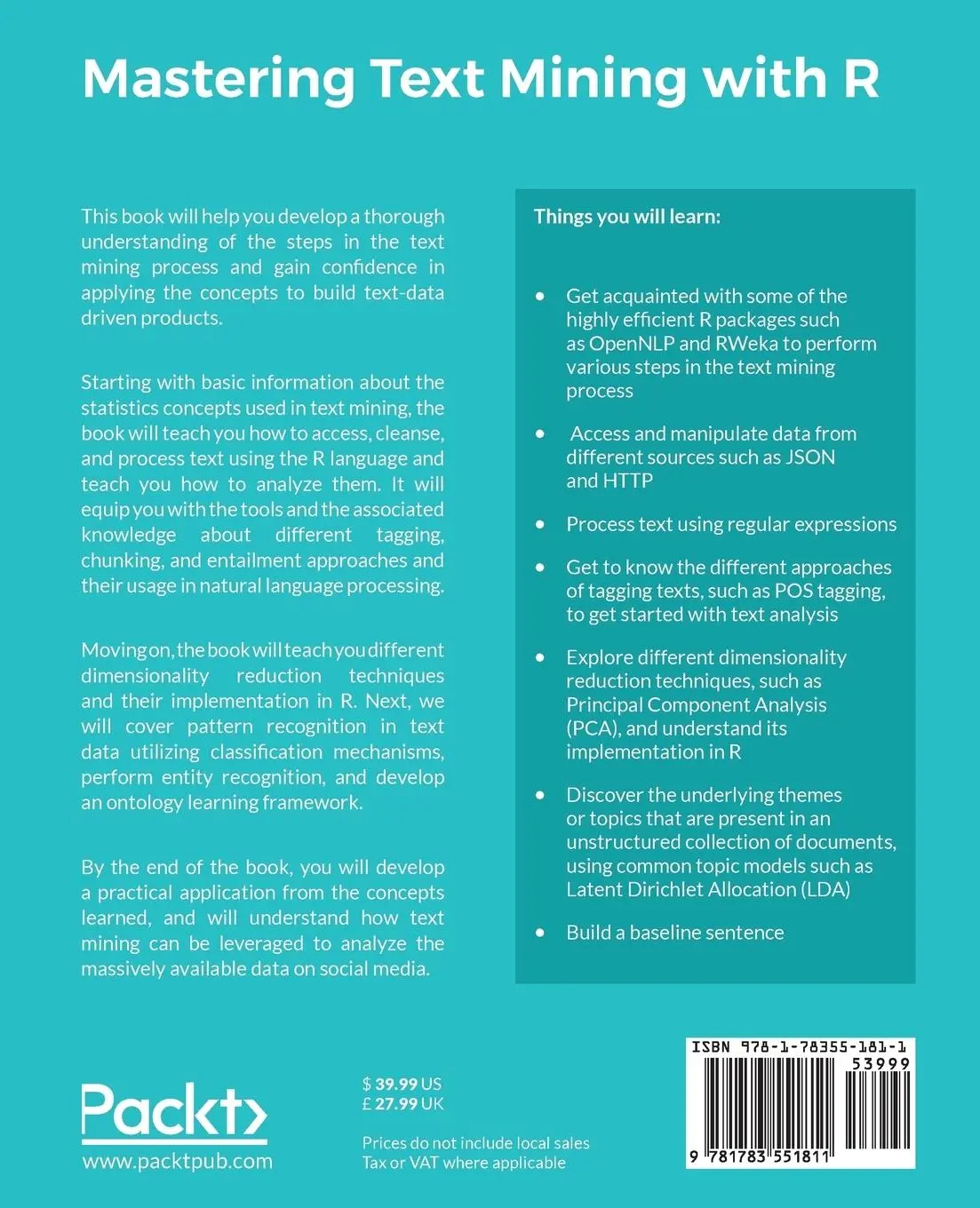 Rückseite: 9781783551811 | Mastering Text Mining with R | Extract and recognize your text data