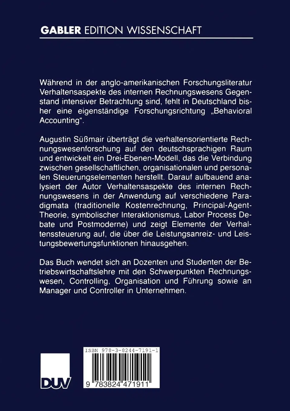 Rückseite: 9783824471911 | Behavioral Accounting | Augustin Süßmair | Taschenbuch | xiii | 2000