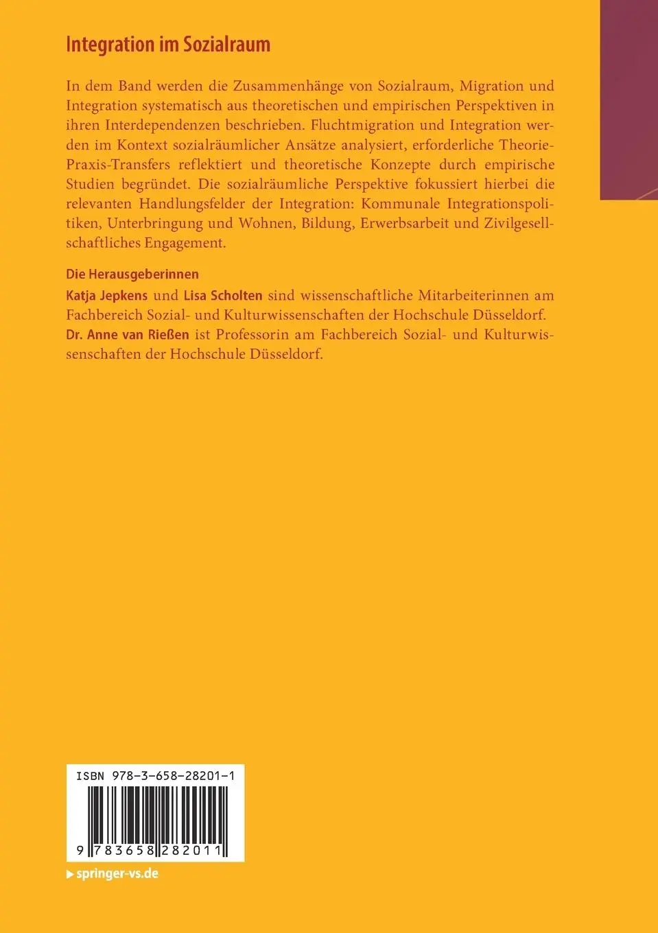 Rückseite: 9783658282011 | Integration im Sozialraum | Katja Jepkens (u. a.) | Taschenbuch | xii