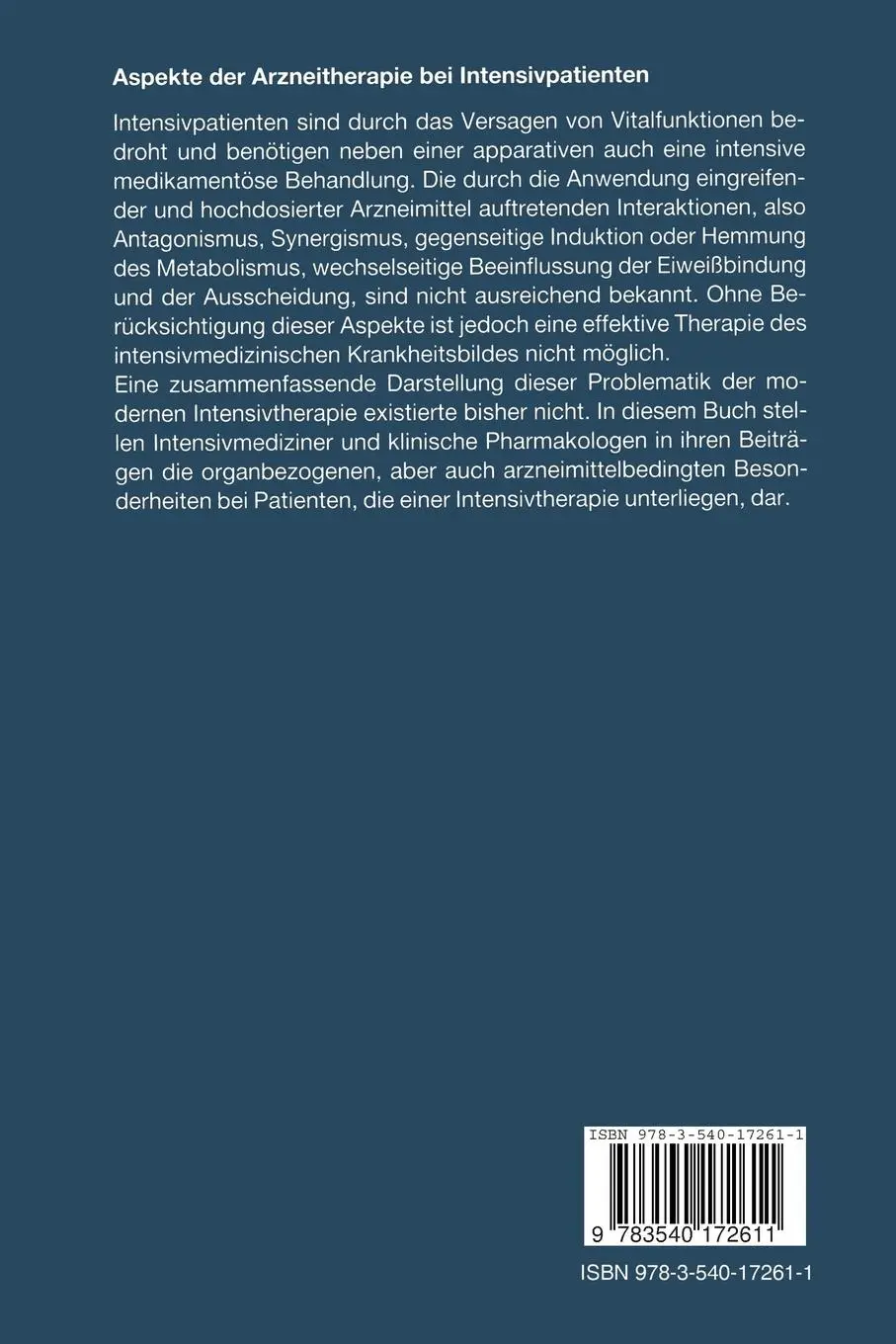 Rückseite: 9783540172611 | Aspekte der Arzneitherapie bei Intensivpatienten | Dennhardt (u. a.)
