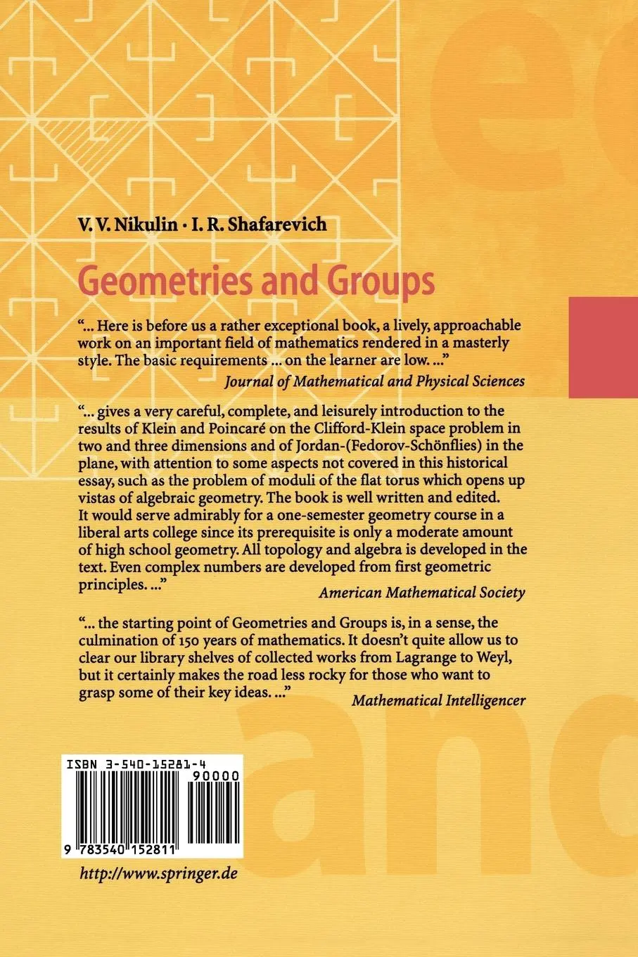 Rückseite: 9783540152811 | Geometries and Groups | Viacheslav V. Nikulin (u. a.) | Taschenbuch