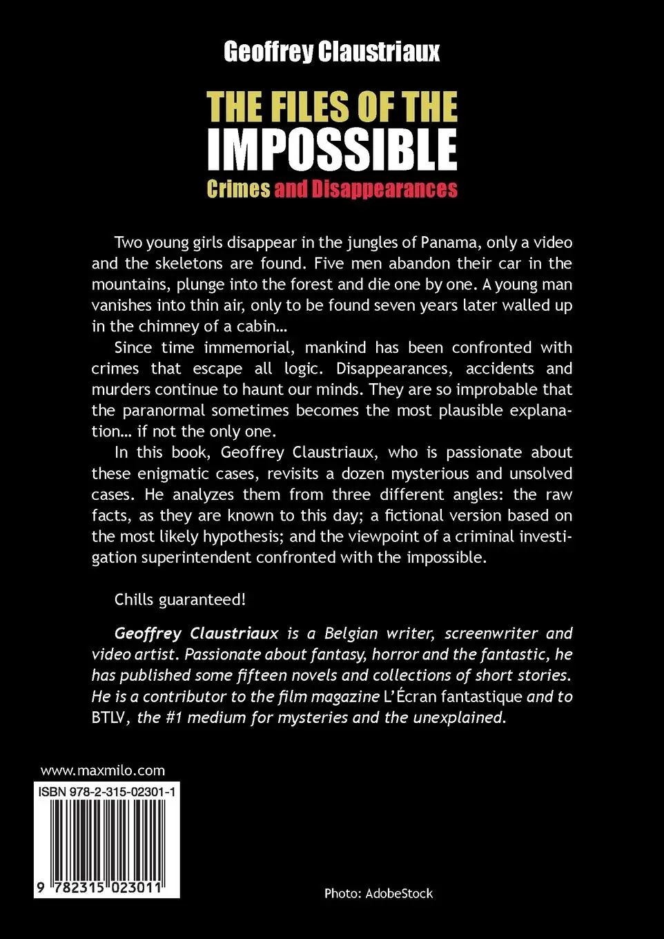 Rückseite: 9782315023011 | The Files of the Impossible | Crimes and Disappearances | Claustriaux