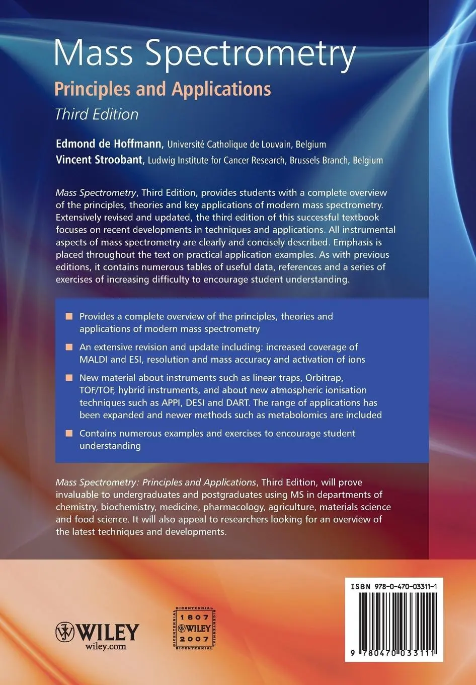Rückseite: 9780470033111 | Mass Spectrometry | Principles and Applications | Hoffmann (u. a.)