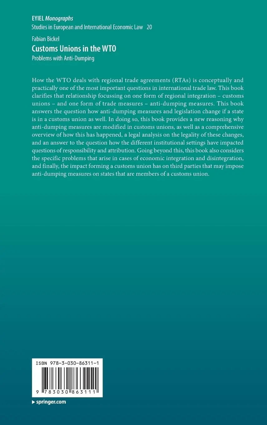 Rückseite: 9783030863111 | Customs Unions in the WTO | Problems with Anti-Dumping | Fabian Bickel