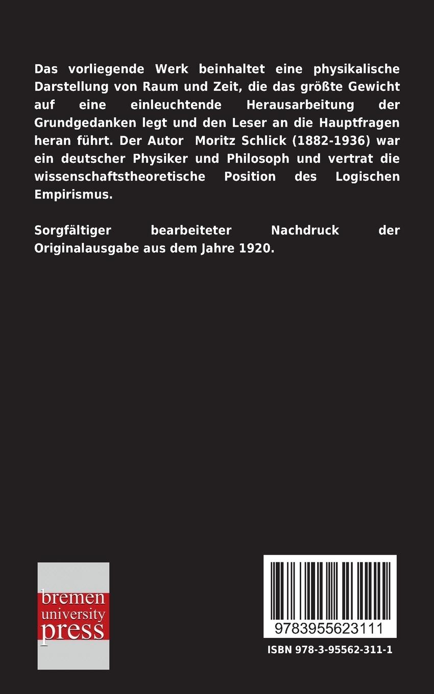 Rückseite: 9783955623111 | Raum und Zeit in der gegenwärtigen Physik | Moritz Schlick | Buch