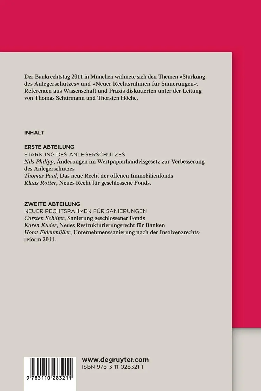 Rückseite: 9783110283211 | Stärkung des Anlegerschutzes. Neuer Rechtsrahmen für Sanierungen.