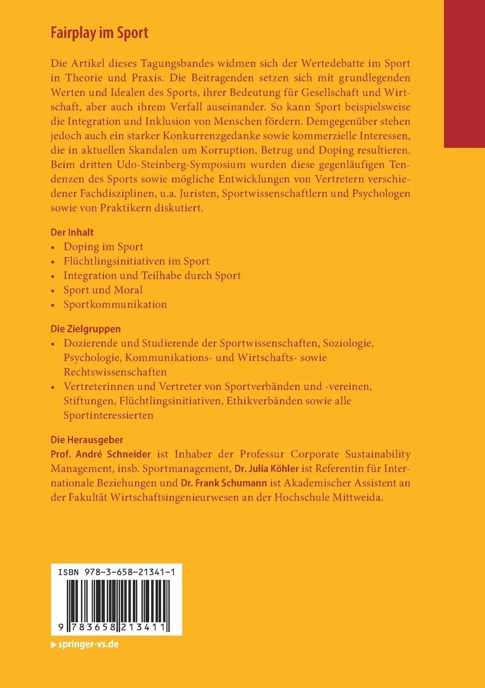 Rückseite: 9783658213411 | Fairplay im Sport | André Schneider (u. a.) | Taschenbuch | ix | 2018