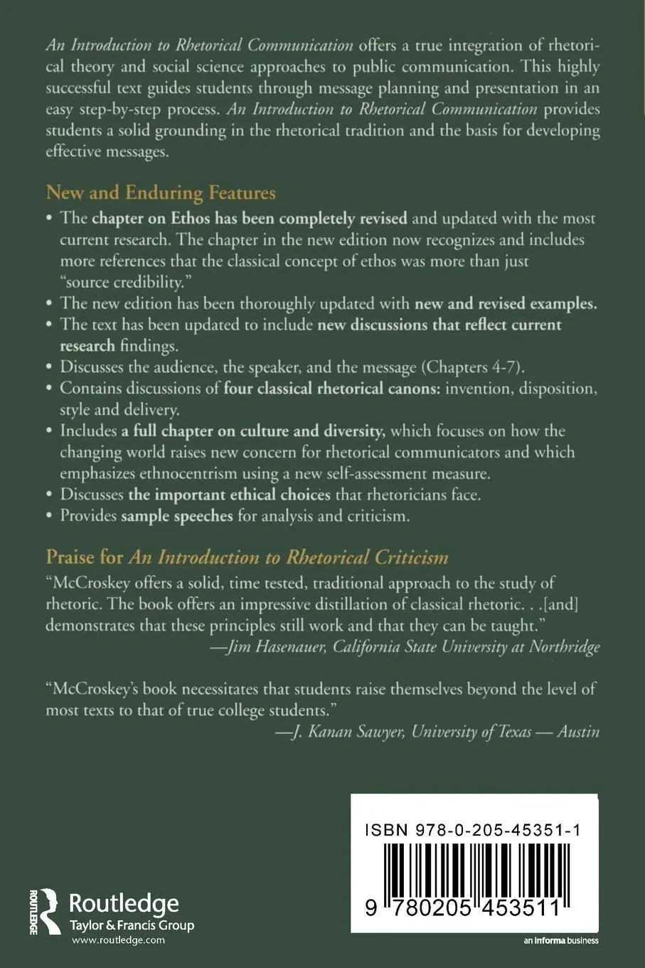 Rückseite: 9780205453511 | Introduction to Rhetorical Communication | James C Mccroskey | Buch