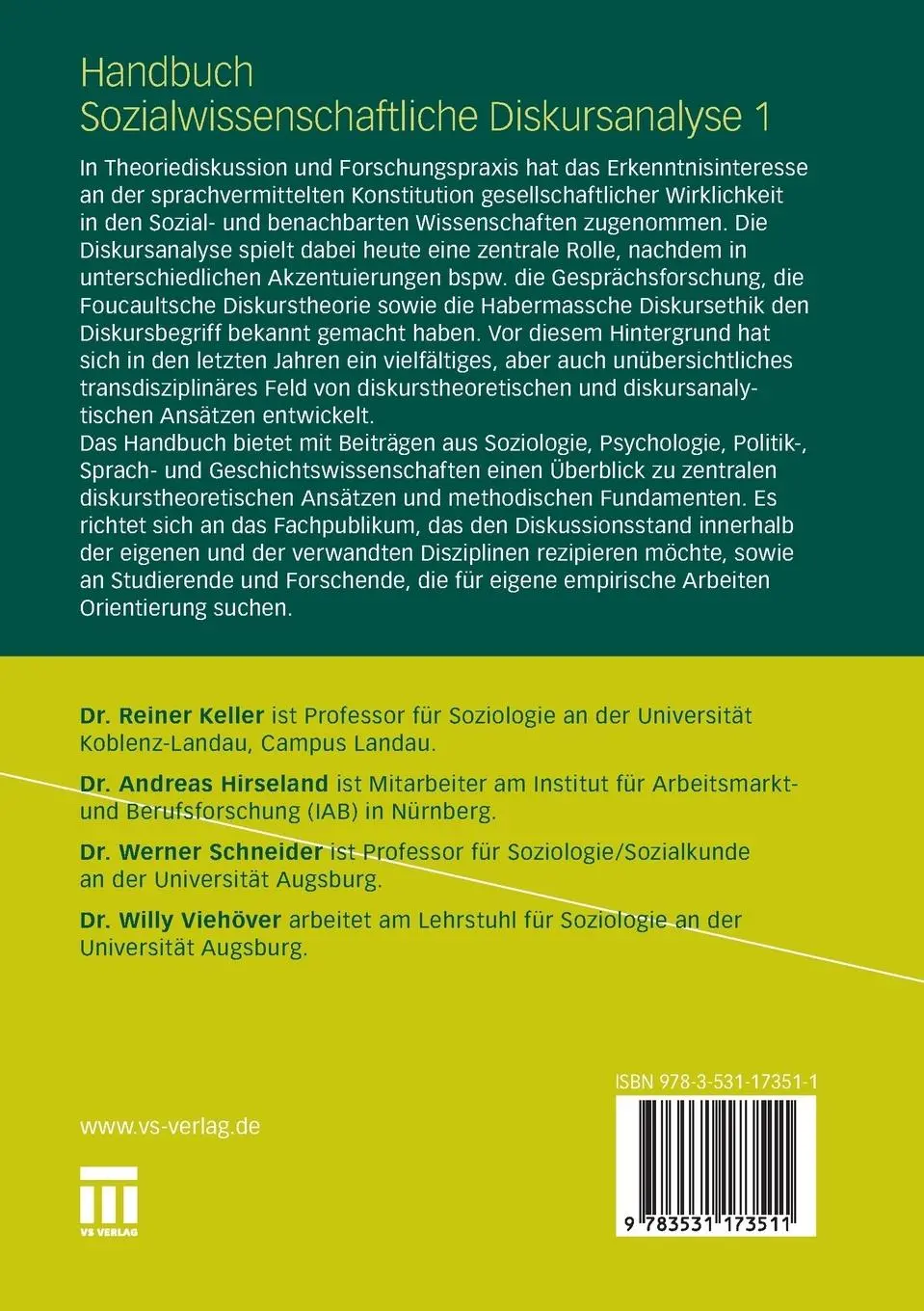 Rückseite: 9783531173511 | Handbuch Sozialwissenschaftliche Diskursanalyse | Keller (u. a.)