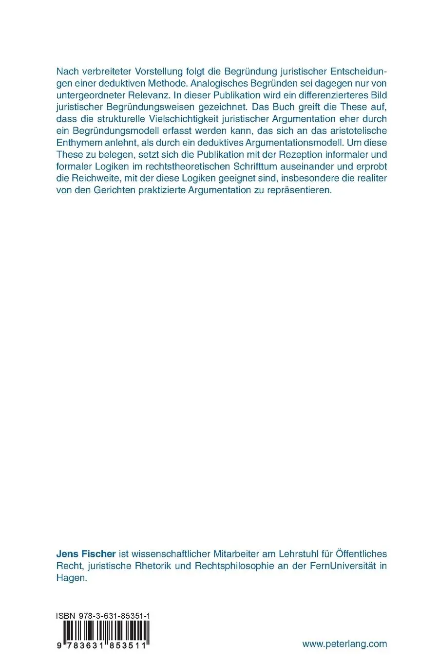 Rückseite: 9783631853511 | Analogie und Argument | Jens Fischer | Buch | Recht und Rhetorik