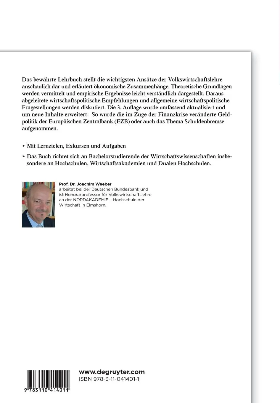 Rückseite: 9783110414011 | Einführung in die Volkswirtschaftslehre | Für den Bachelor | Weeber
