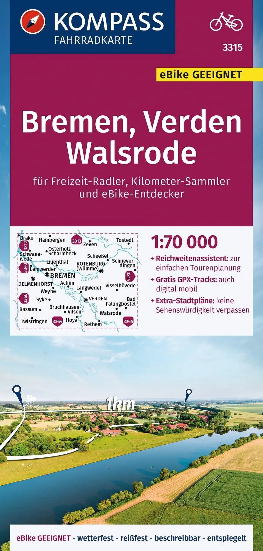 Cover: 9783991214311 | KOMPASS Fahrradkarte 3315 Bremen, Verden, Walsrode 1:70.000 | 2 S.