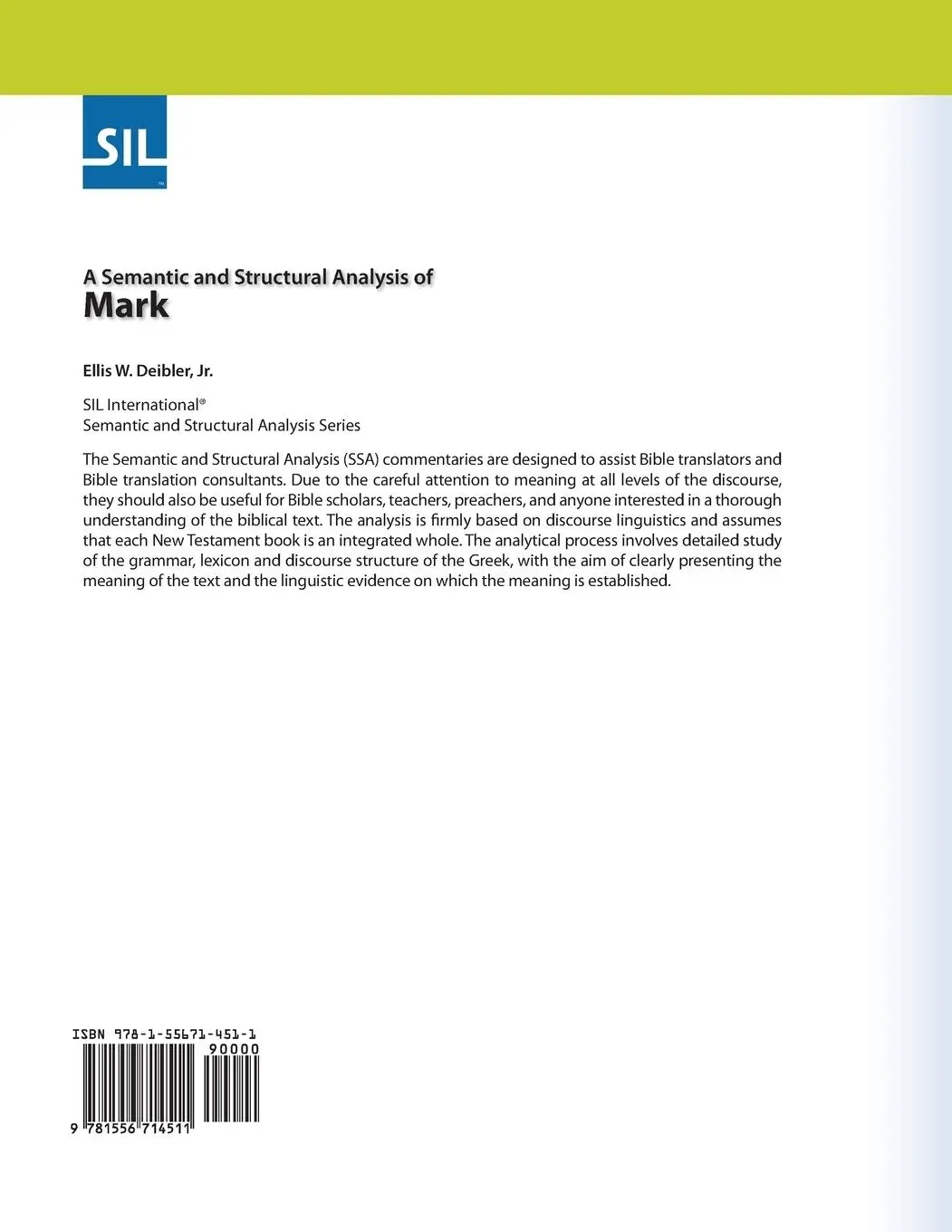 Rückseite: 9781556714511 | A Semantic and Structural Analysis of Mark | Jr. Ellis W. Deibler
