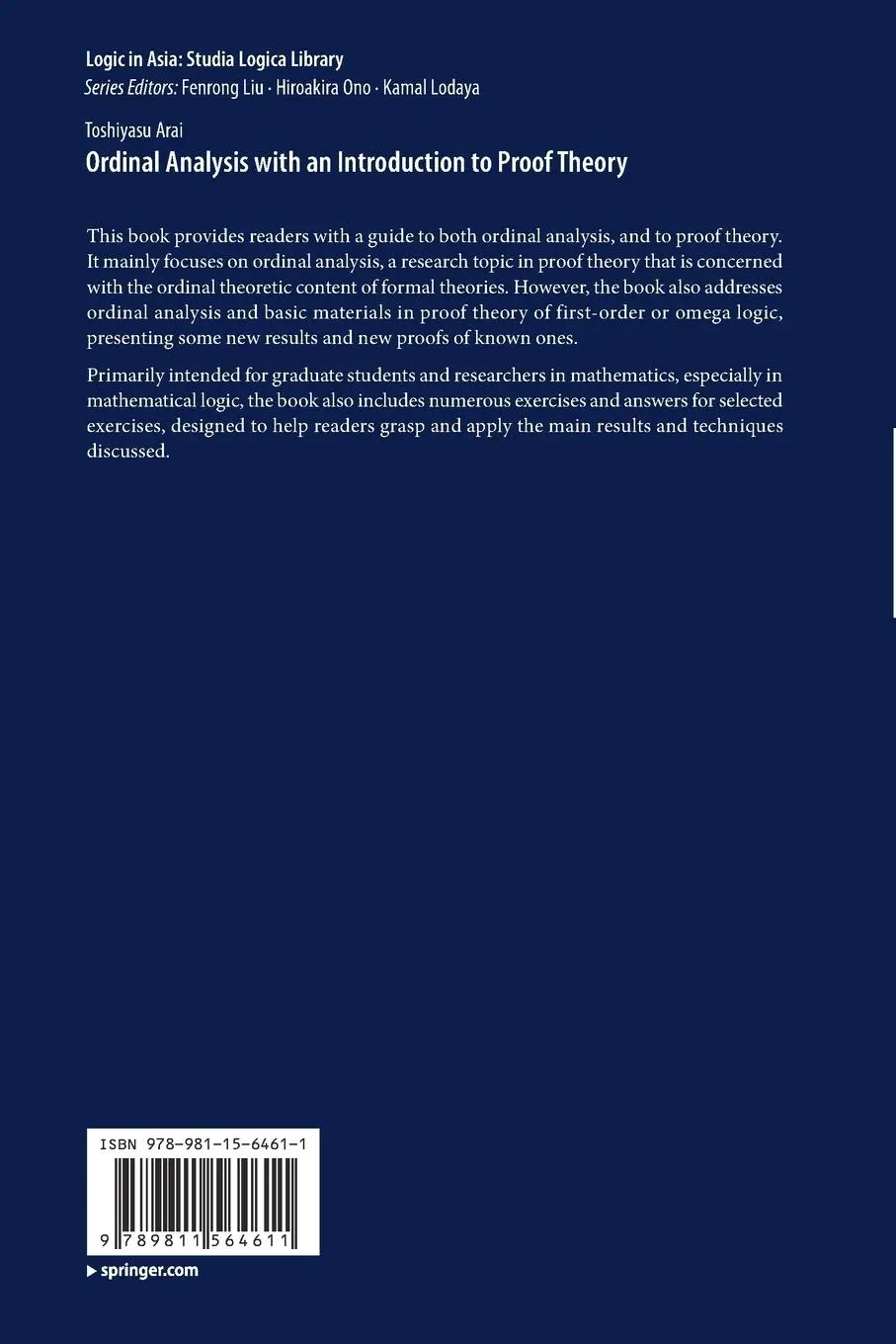 Rückseite: 9789811564611 | Ordinal Analysis with an Introduction to Proof Theory | Toshiyasu Arai
