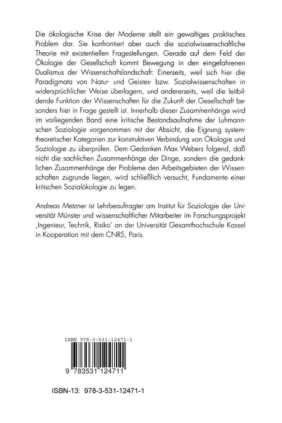 Rückseite: 9783531124711 | Probleme sozio-ökologischer Systemtheorie | Andreas Metzner | Buch