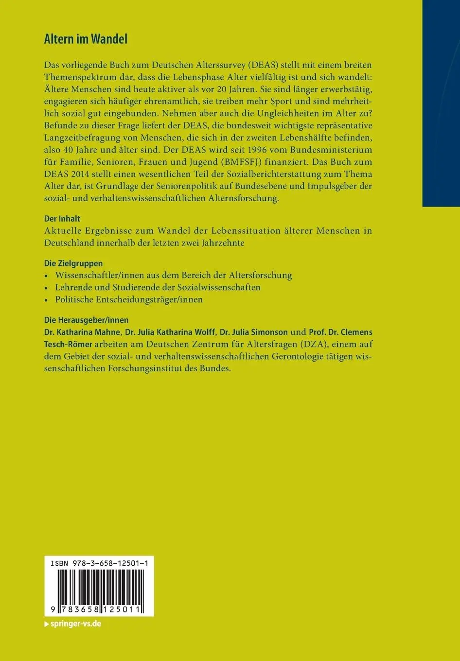Rückseite: 9783658125011 | Altern im Wandel | Zwei Jahrzehnte Deutscher Alterssurvey (DEAS) | x