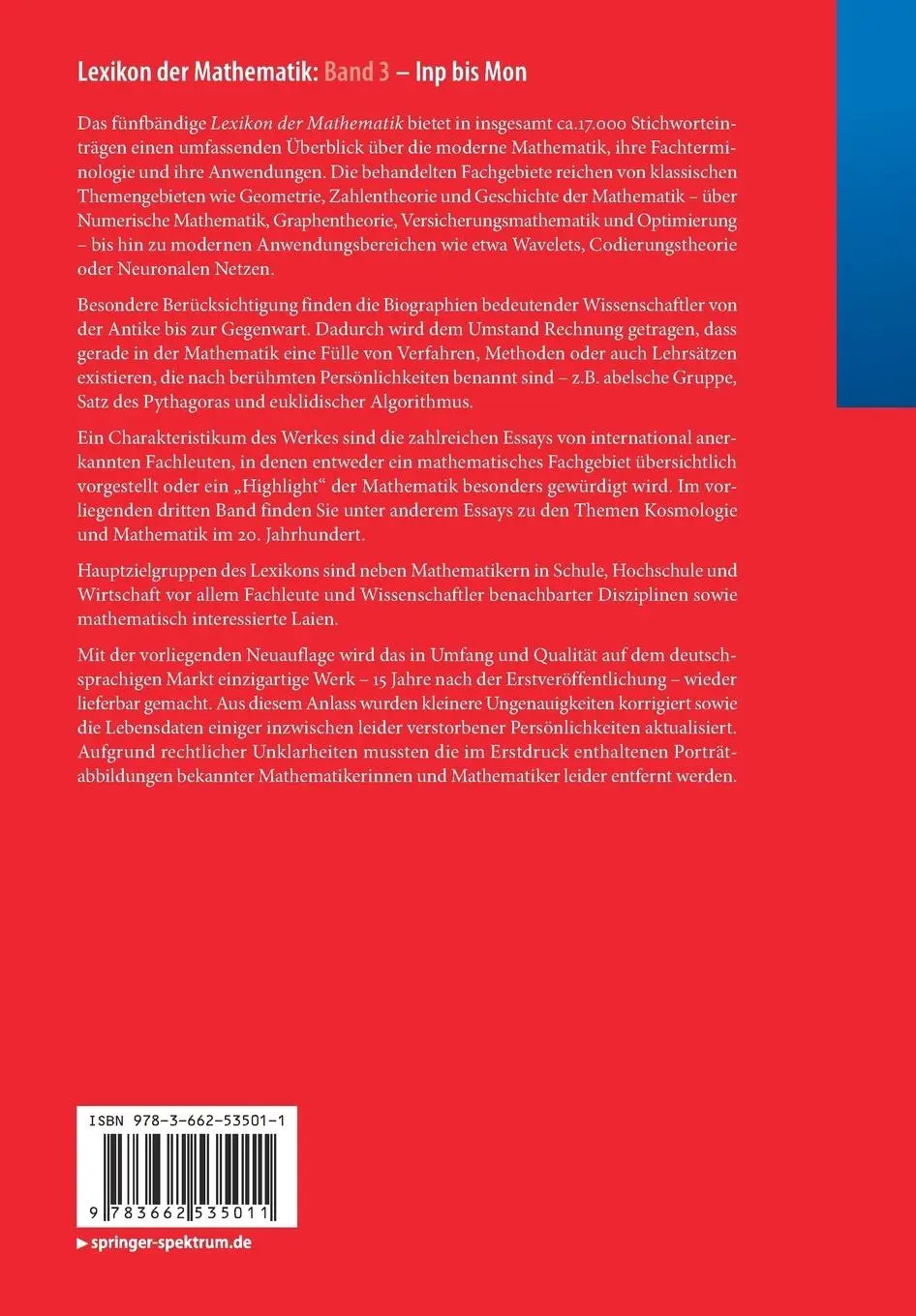 Rückseite: 9783662535011 | Lexikon der Mathematik: Band 3 | Inp bis Mon | Guido Walz | Buch | vii