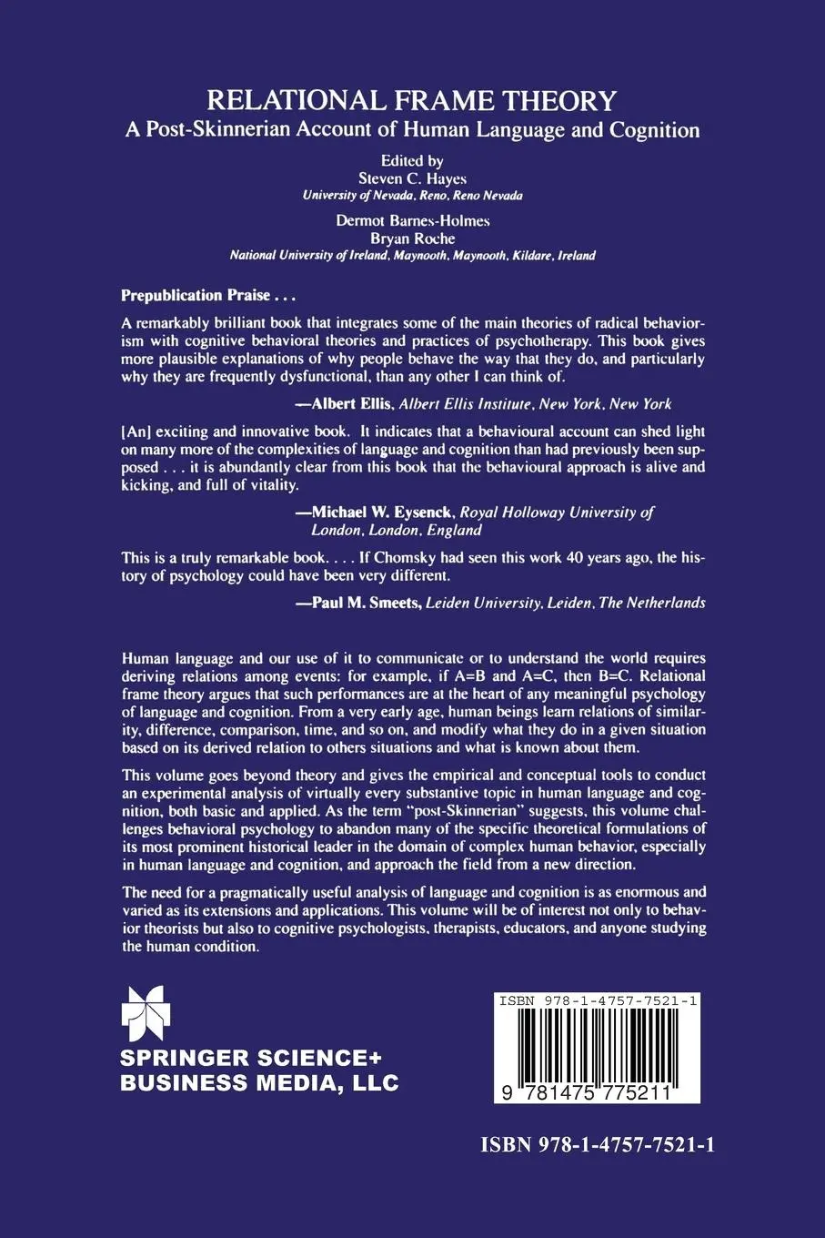 Rückseite: 9781475775211 | Relational Frame Theory | Steven C. Hayes (u. a.) | Taschenbuch | 2013