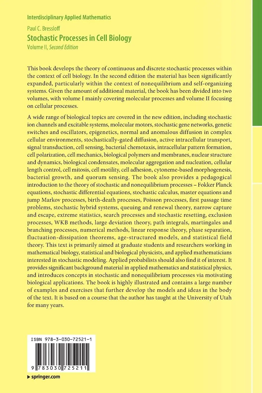 Rückseite: 9783030725211 | Stochastic Processes in Cell Biology | Volume II | Paul C. Bressloff