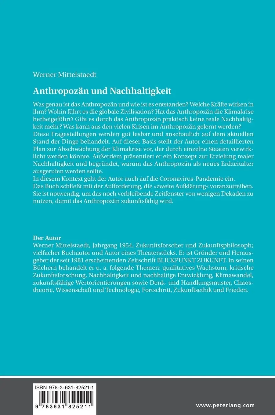 Rückseite: 9783631825211 | Anthropozän und Nachhaltigkeit | Werner Mittelstaedt | Buch | Gebunden