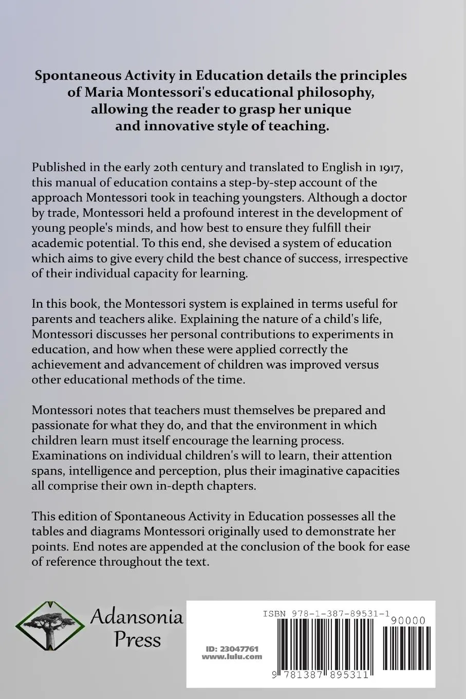 Rückseite: 9781387895311 | Spontaneous Activity in Education | Maria Montessori | Taschenbuch