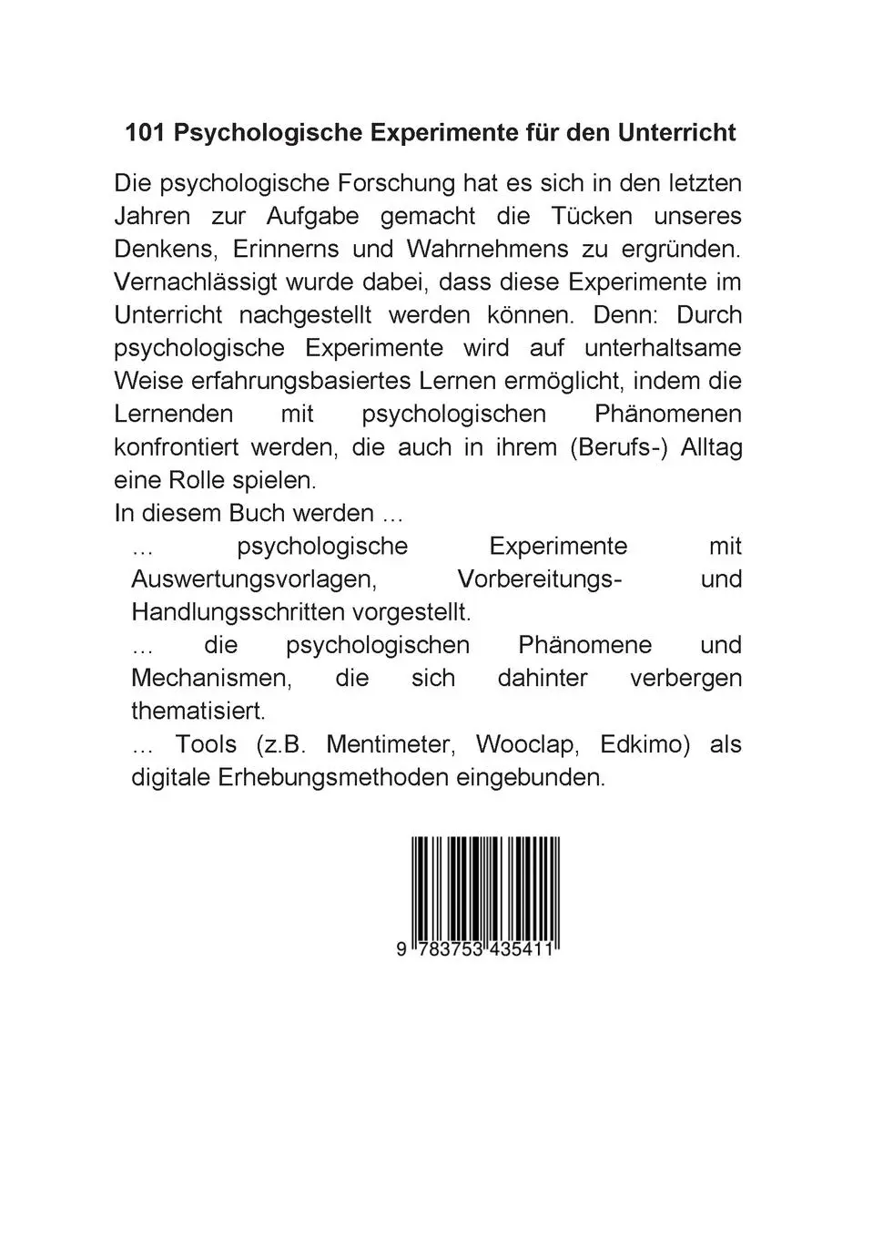 Rückseite: 9783753435411 | 101 psychologische Experimente für den Unterricht | Sekundarstufe II