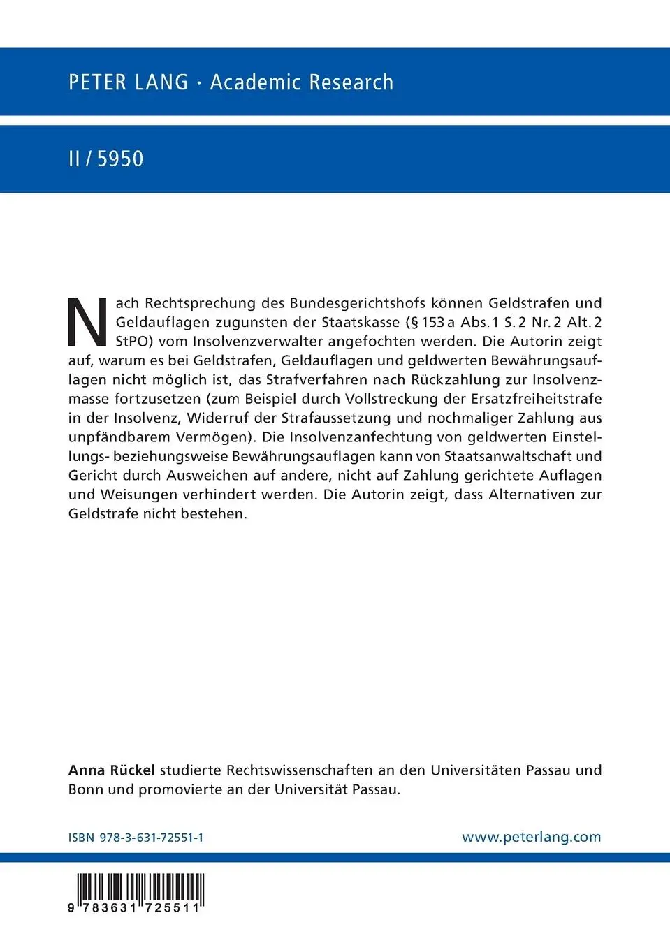 Rückseite: 9783631725511 | Die Auswirkungen einer erfolgreichen Insolvenzanfechtung auf das...