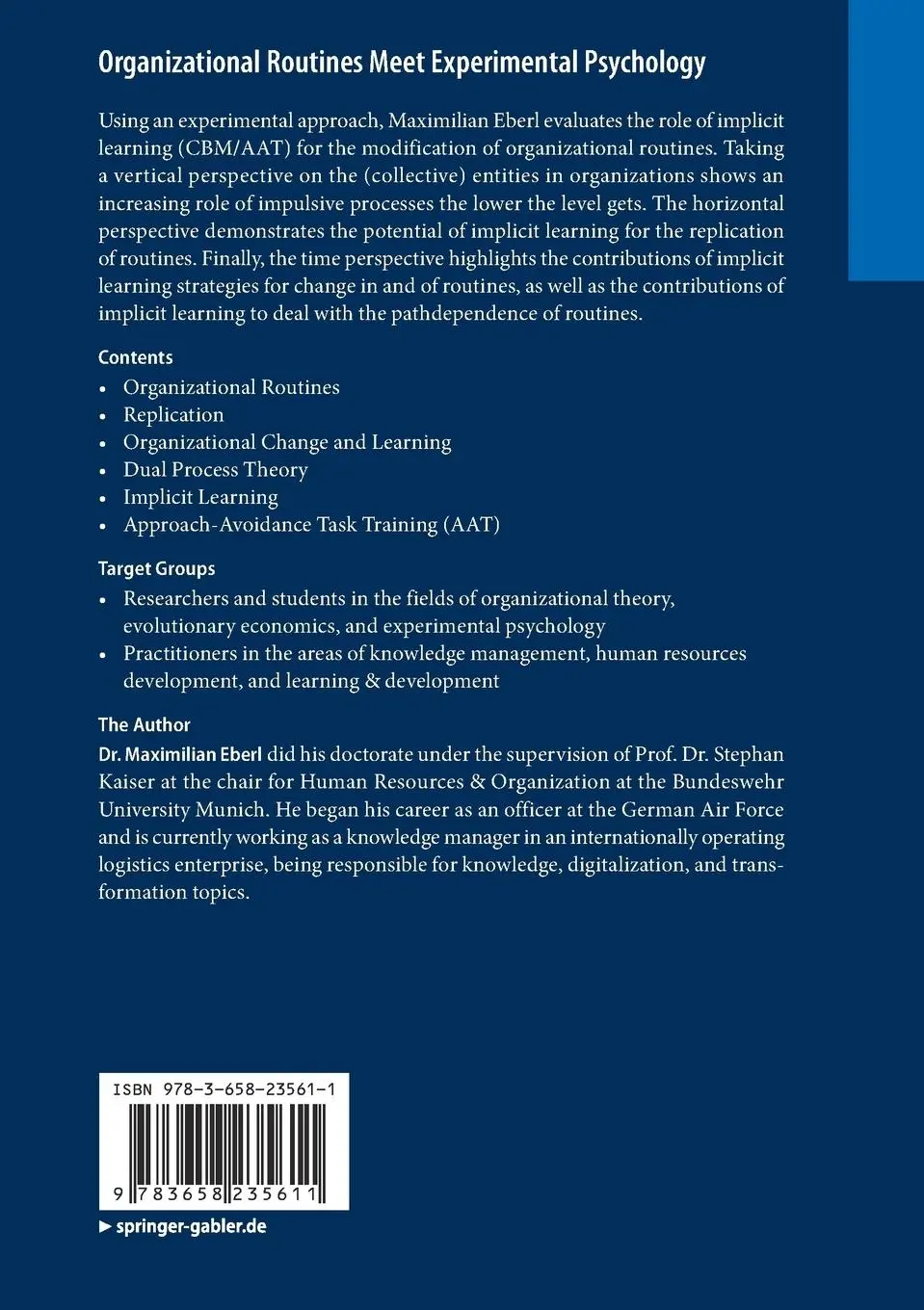 Rückseite: 9783658235611 | Organizational Routines Meet Experimental Psychology | Eberl | Buch