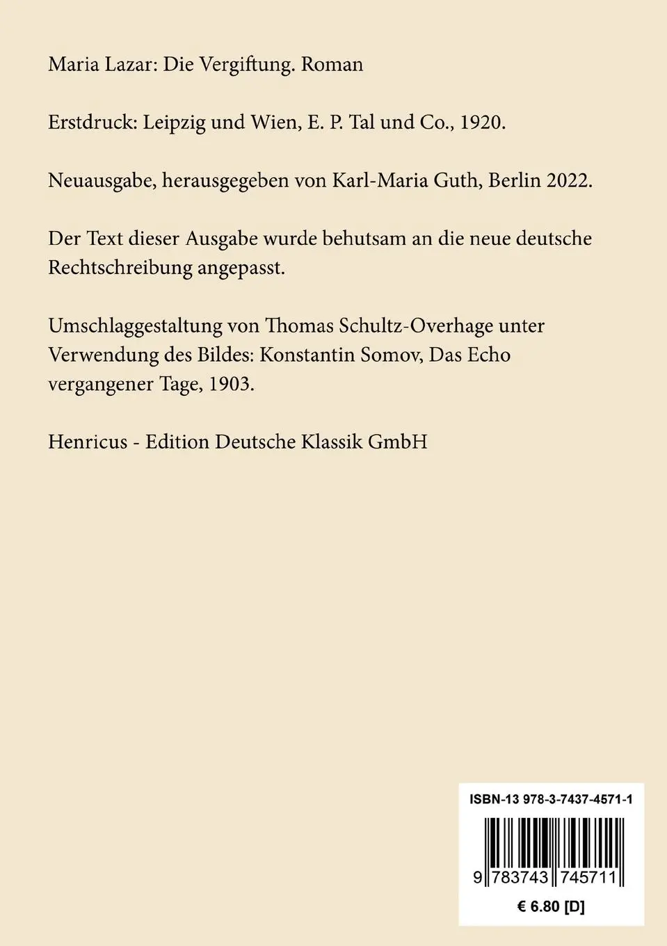 Rückseite: 9783743745711 | Die Vergiftung | Roman | Maria Lazar | Taschenbuch | Paperback | 2022