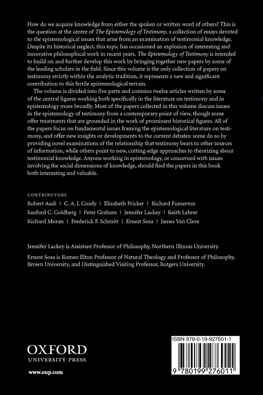 Rückseite: 9780199276011 | The Epistemology of Testimony | Jennifer Lackey (u. a.) | Taschenbuch