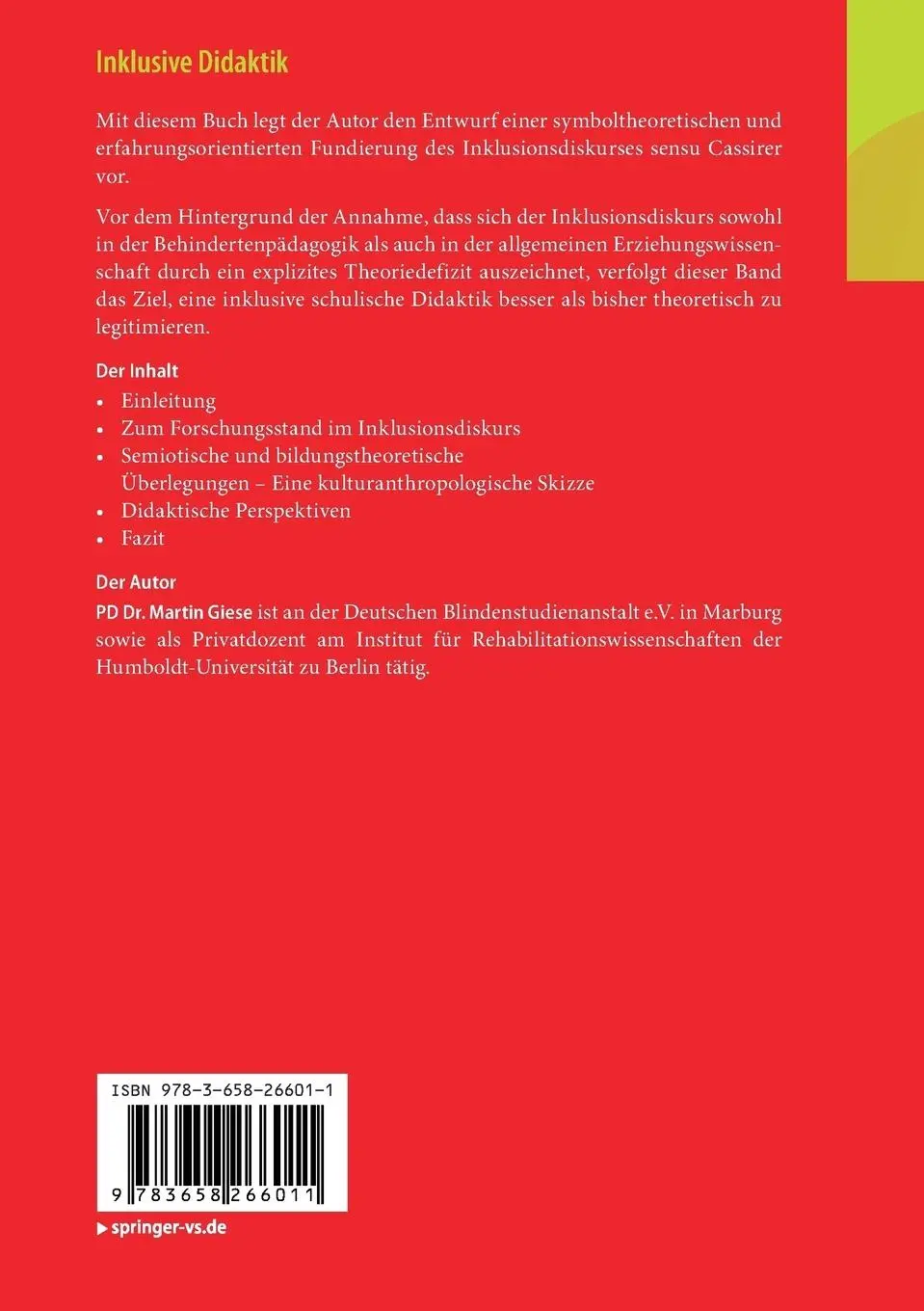 Rückseite: 9783658266011 | Inklusive Didaktik | Eine symbol- und bildungstheoretische Skizze | xi