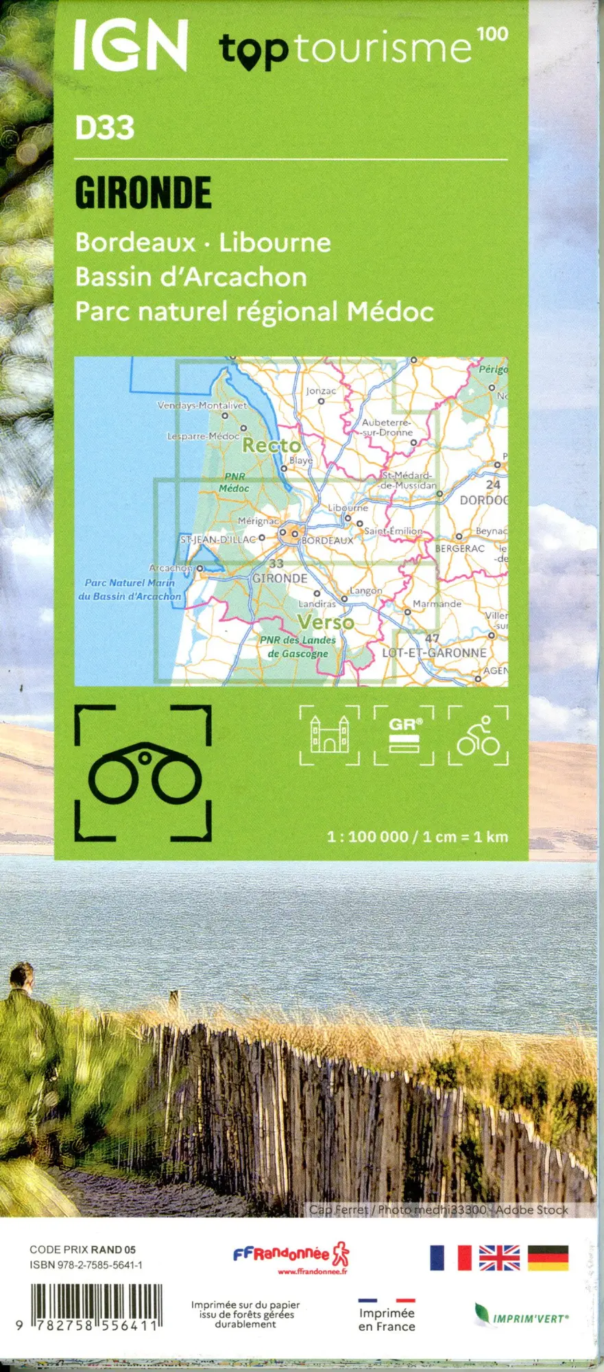 Bild: 9782758556411 | 33 Gironde -Bordeaux | (Land-)Karte | IGN Top 100 départemental | 2026